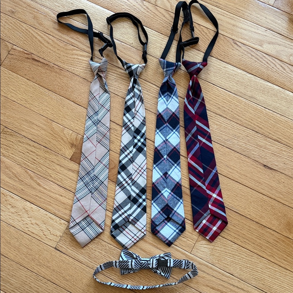 Boys Clip-On Tie Bundle | 4 Plaid Adjustable Neckties + Bow Tie | School Uniform